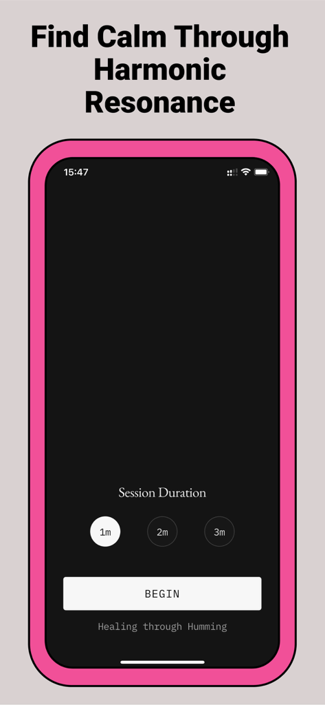 The startup screen of the Harmonic Echo app showing options to select a 1 2 or 3 minute humming meditation session.
