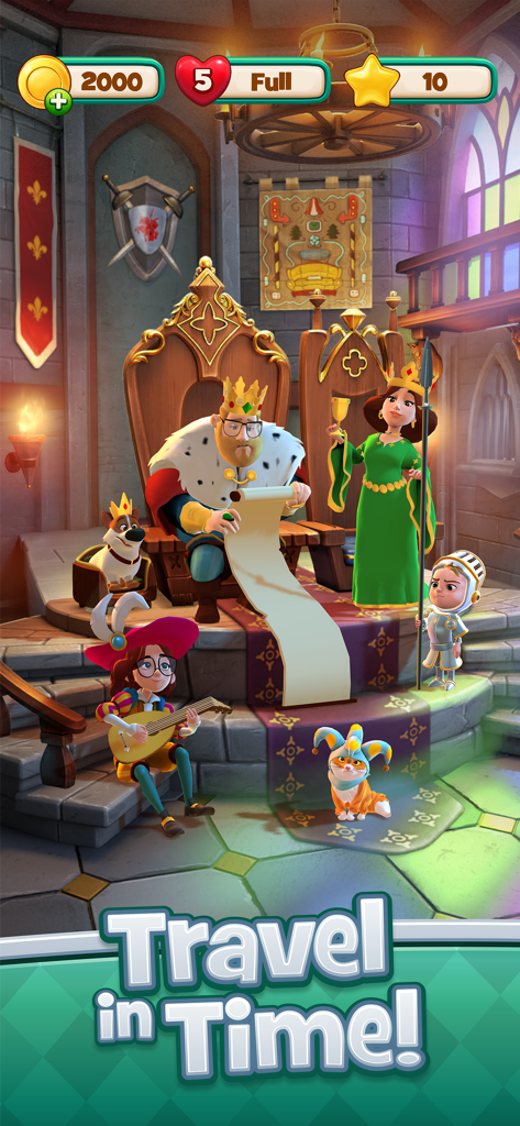 Time Blast: Puzzle Game - The Timesmith family in a medieval royal court setting from the Time Blast puzzle game.