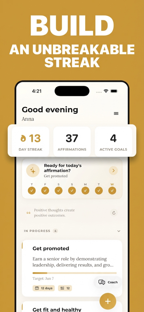 Manifest AI-Daily Affirmations - Manifest AI app dashboard showing a thirteen day streak and personalized career goal affirmations