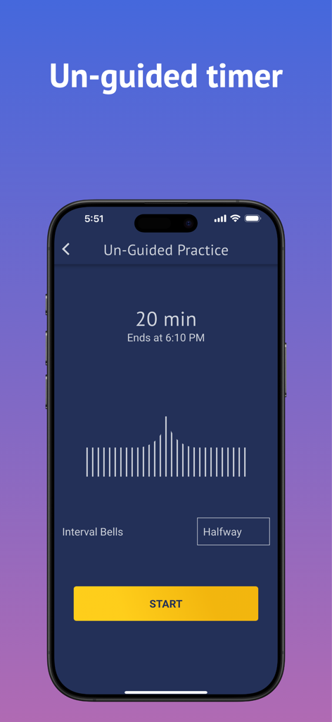 Un-guided meditation timer interface in the Brightmind app showing a 20-minute session with interval bells.