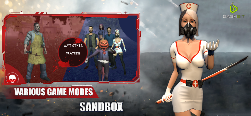 A showcase of various game modes and character skins in UMod Ultimate Sandbox Online including a nurse with a gas mask and a horror butcher.