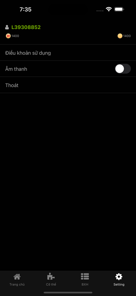 Co Up, Co Tuong Online XQChess - Settings screen of the XQChess app showing user profile and audio toggle