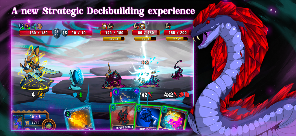Breach Wanderers: Deckbuilder - Strategic card combat in Breach Wanderers Deckbuilder featuring a giant snake monster and player character battle