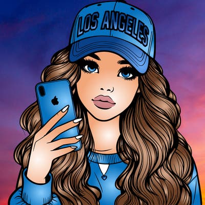 realistic beautiful girl wearing los ángeles cap holding an iphone