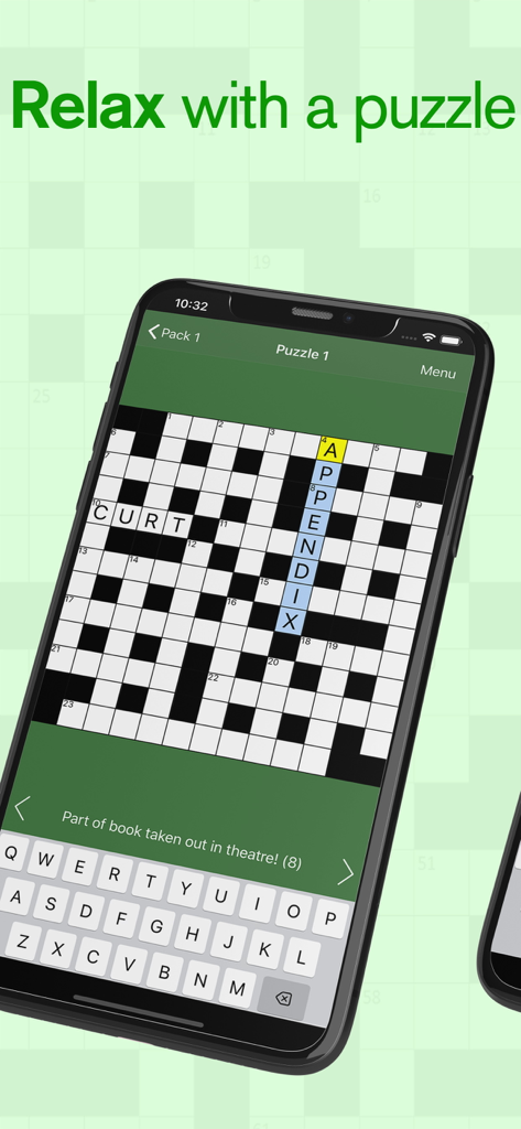 A smartphone screen showing a cryptic crossword puzzle grid with the heading Relax with a puzzle.