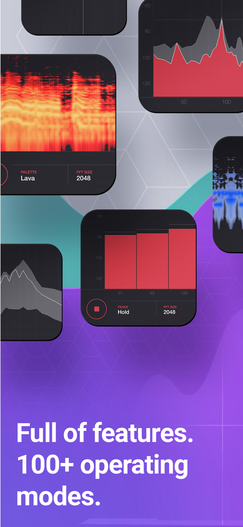 Audio Spectrum Analyzer Pro - Audio Spectrum Analyzer Pro app interface showing multiple real-time sound analysis graphs and operating modes.