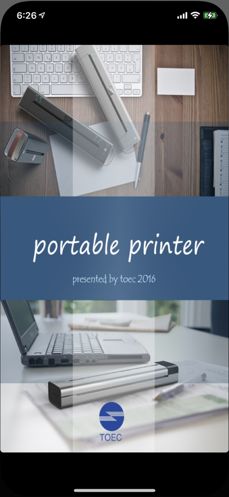 TOEC Printer - TOEC Printer app splash screen displaying portable thermal printers on a professional desk