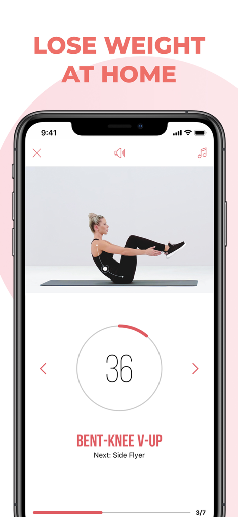 A woman performing a bent-knee v-up exercise on a yoga mat with a workout timer in the Home Fitness app.