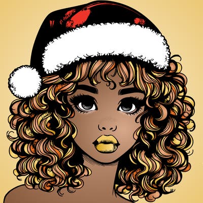 realistic girl with a santa hat curly hair and lips