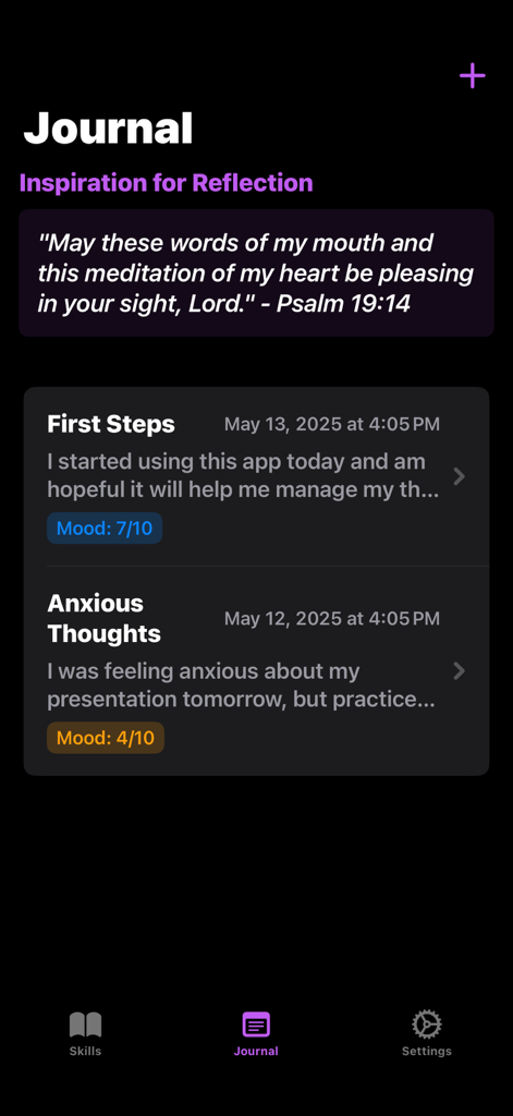 Faith Based CBT Tools - A interface do diário do aplicativo Faith Based CBT Tools mostrando reflexões bíblicas e rastreamento de humor.