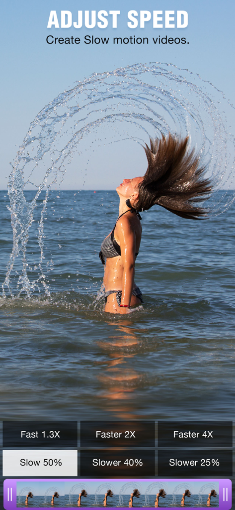 Slow Motion Video & Speed Up - Interface de um aplicativo de vídeo em câmera lenta mostrando uma mulher jogando o cabelo em um oceano