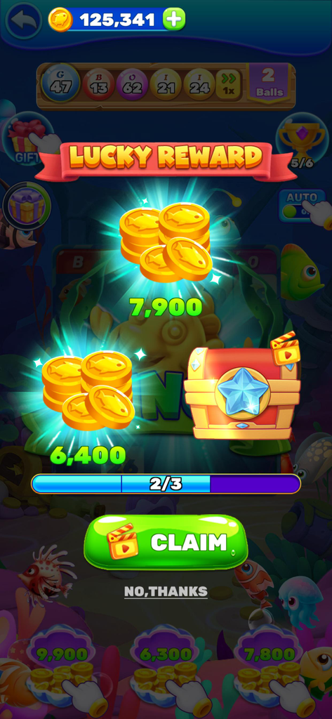 Lucky reward screen featuring gold coins and a treasure chest in Ocean Bloom: Lucky Bingo