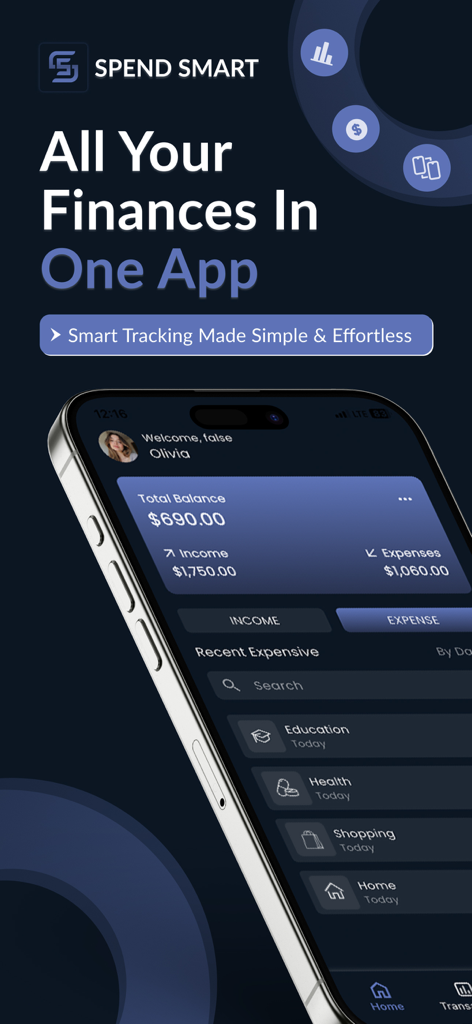 Interface do aplicativo Spend Smart exibindo saldo total, renda e despesas recentes