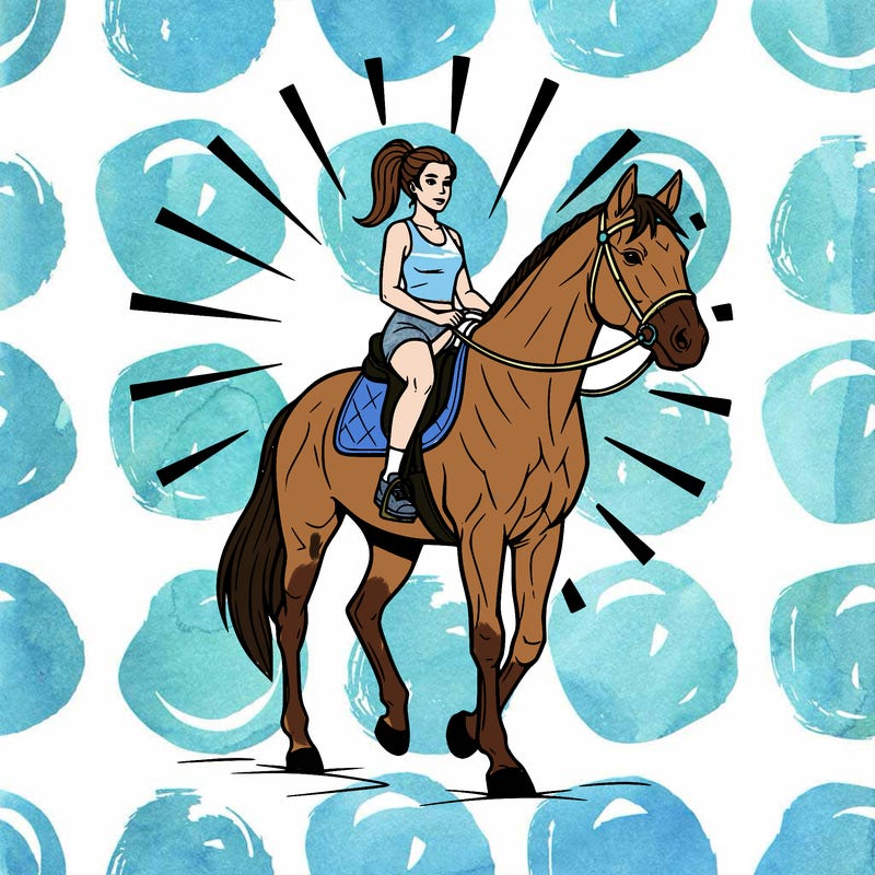 a lady riding a horse, the horse is walking the lady short shorts and tennis shoes and her hair is pulled into a ponytail