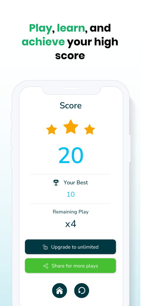 Accounting Quiz Game score screen displaying a current score of 20 with three stars and a high score comparison.
