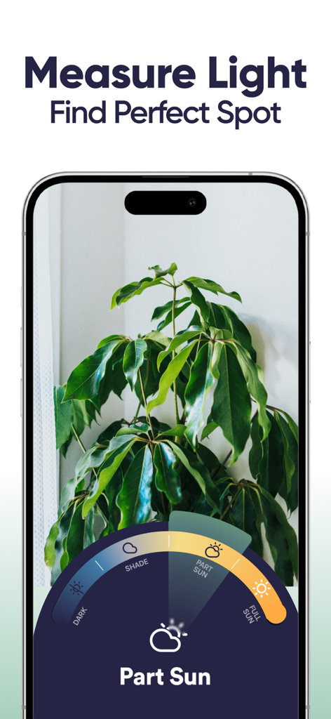Plant Identifier, Care: Planty - Planty app screen showing a light measurement tool to find the perfect spot for a plant