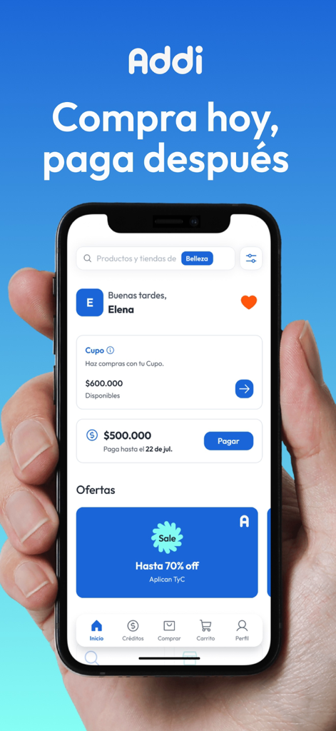 Smartphone displaying the Addi Shop app dashboard with available credit and buy now pay later features in Spanish