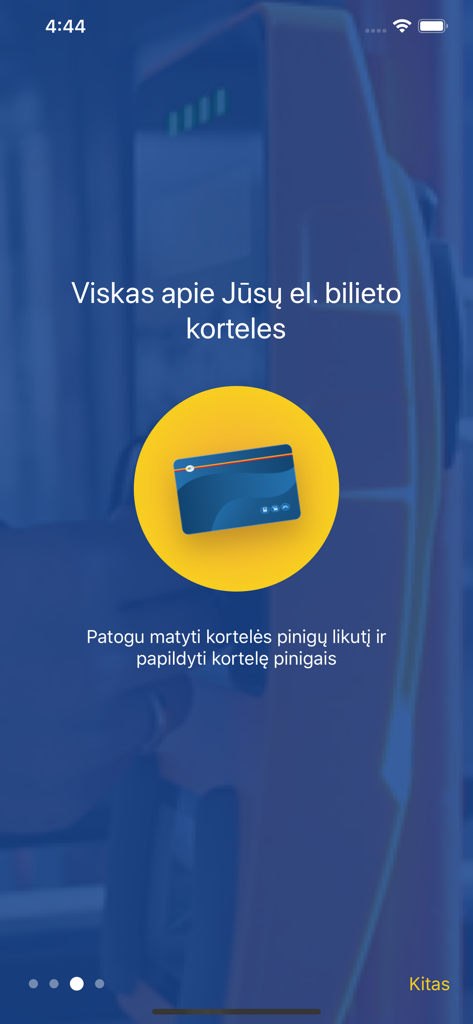 e.Ticket Klaipėda - Onboarding screen of the e.Ticket Klaipeda app explaining electronic ticket card management in Lithuanian