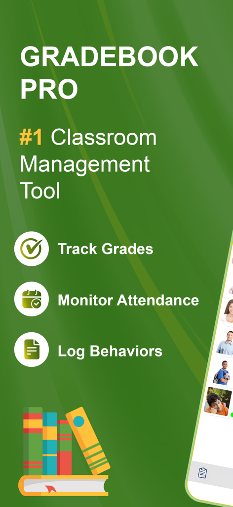 Capture d'écran de l'application GradeBook Pro mettant en avant les fonctionnalités de gestion de classe telles que le suivi des notes, la surveillance des présences et l'enregistrement des comportements.