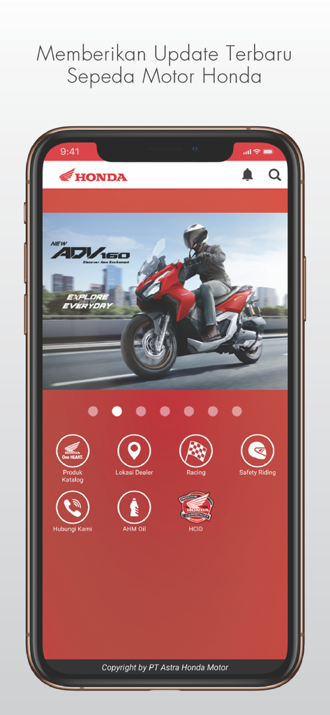 welovehonda - Welovehonda app home screen featuring a red ADV160 motorcycle and navigation icons for product catalog and dealer locations