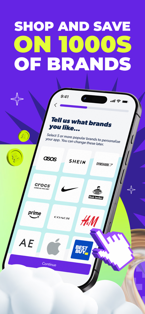 Interface of the Student Beans app showing a brand selection screen to personalize student deals with logos like Nike, Apple, and ASOS.