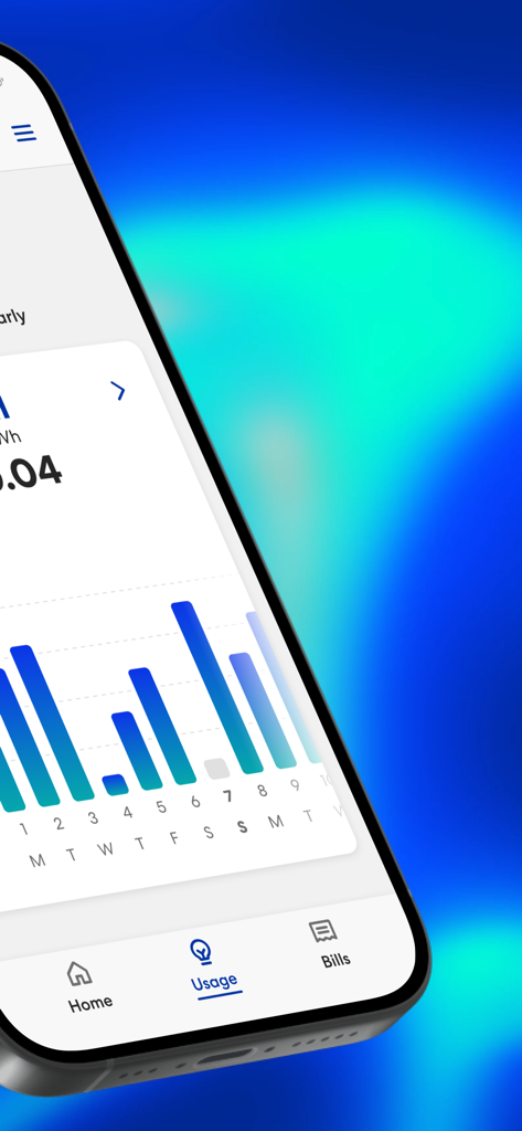 Meridian Energy app displaying a bar chart of daily electricity usage.