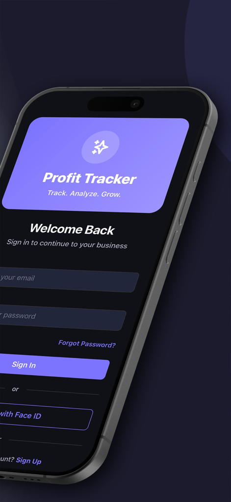 Profit Tracker - Made Simple - Sign in screen for the Profit Tracker app on an iPhone showing email login and Face ID options.