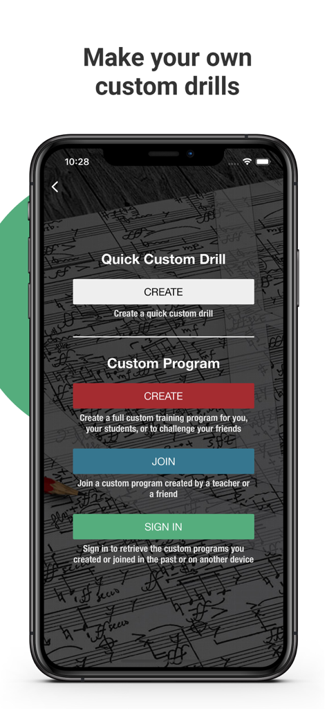 Interface of the Complete Rhythm Trainer app showing options to create custom drills and music programs.