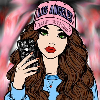 realistic beautiful girl wearing los ángeles cap holding an iphone