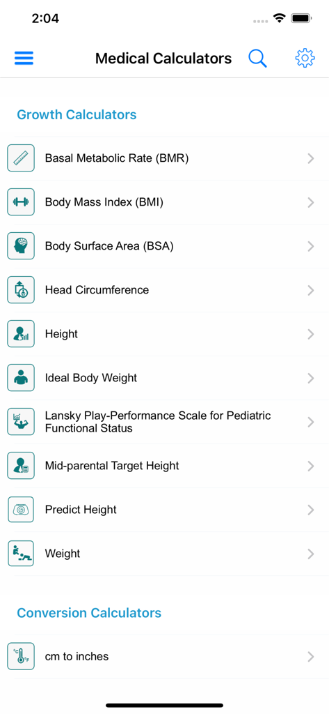 Interfaz de la aplicación Medical Calculators Pediatrics que muestra una lista de herramientas de cálculo de crecimiento y conversión pediátricas.