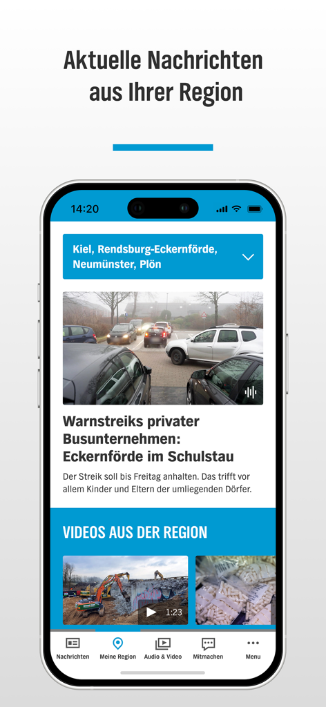 Interface de l'application NDR Schleswig-Holstein affichant les actualités régionales pour Kiel et Eckernförde
