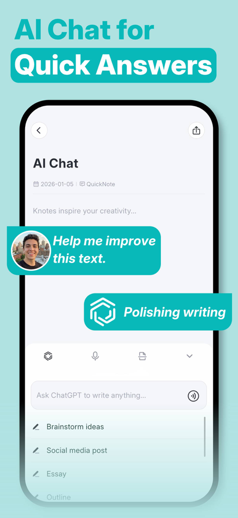 AI Notes Voice to Text, Renote - Interfaz de Chat de IA en la aplicación Renote para pulir escritos y hacer una lluvia de ideas