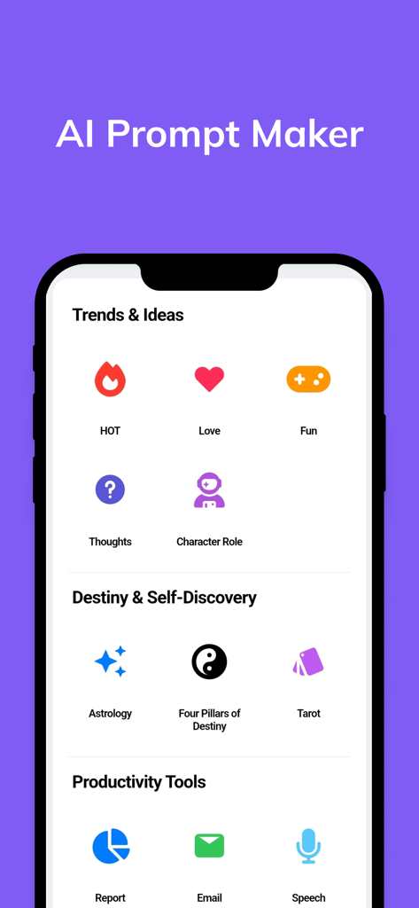 Waitcle app interface showing AI prompt categories for astrology and productivity