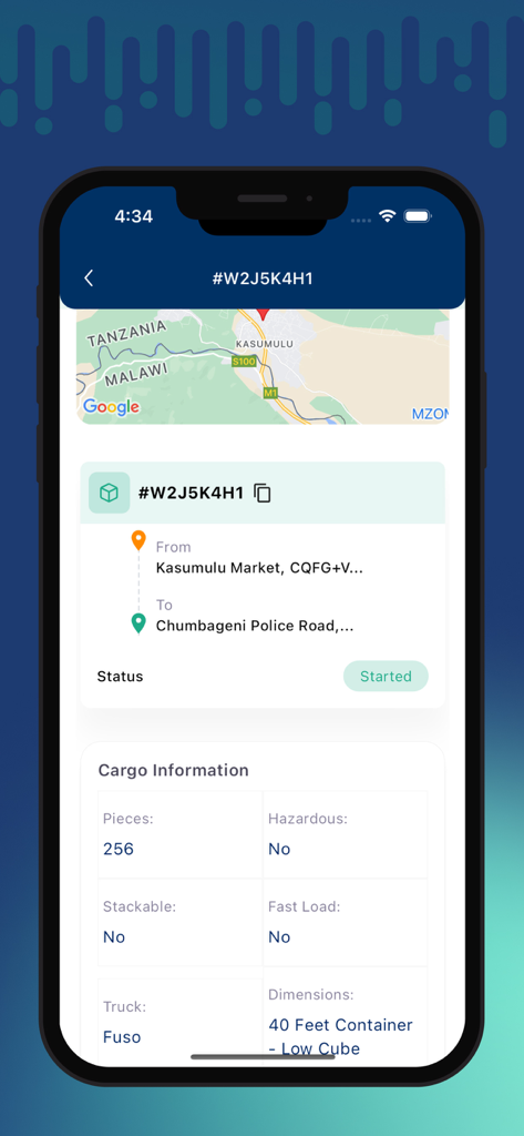 Sana Logistics - A mobile app interface for Sana Logistics showing real-time shipment tracking with a map and detailed cargo information