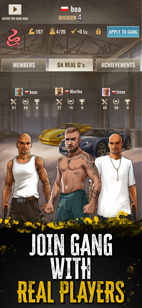 The Gang: Street Wars - Characters from The Gang Street Wars mobile game with the text Join Gang With Real Players