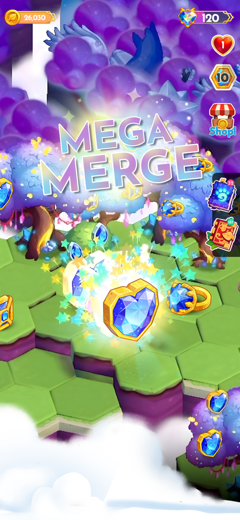 Midas Merge: Relaxing Games - A colorful Midas Merge gameplay screen showing a Mega Merge event with glowing blue heart jewels and magical sparkles.