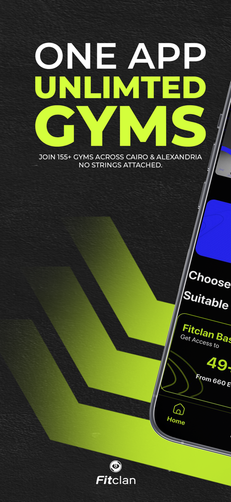 FitClan: Your Fitness Hub - FitClan app promotional screen featuring the headline One App Unlimited Gyms and details about gym access