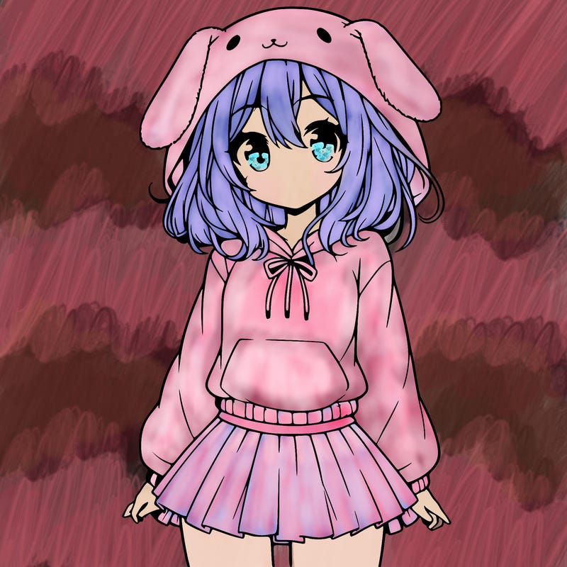 pretty anime girl wearing a fluffy hoodie with bunny ears on the hood and a skirt
