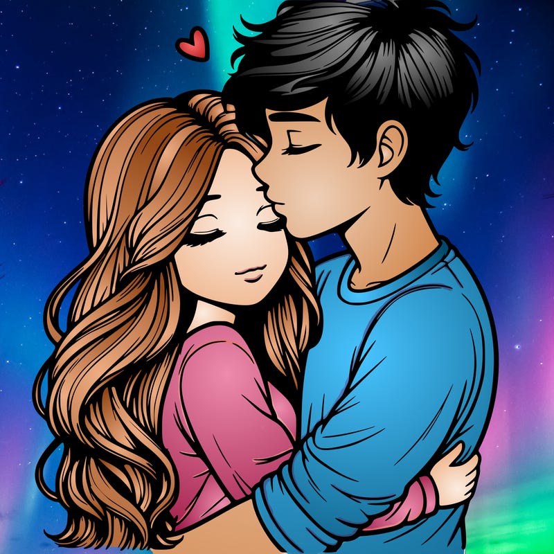 a realistic couple boy and girl hugging and kissing