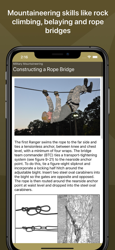Army Ranger Handbook app screen showing military mountaineering techniques and rope bridge construction steps
