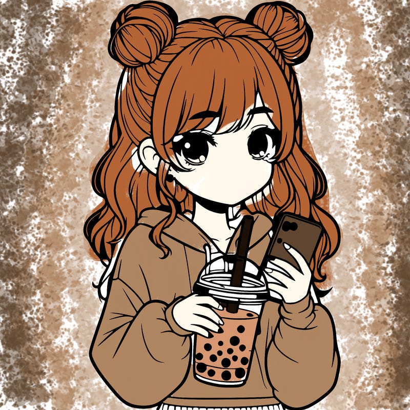 realistic girl with a lphone and boba