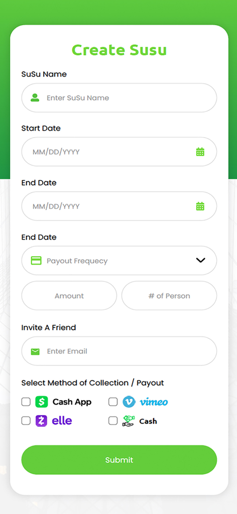 A form screen for creating a new digital Susu savings group with fields for group name dates amount and payment methods