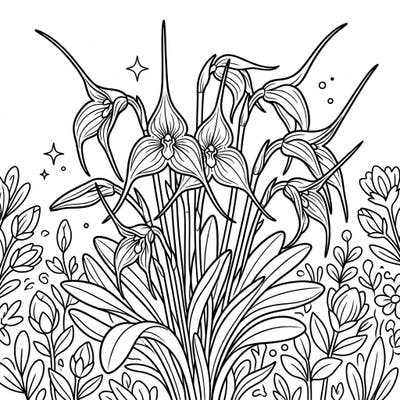 Dive into the exquisite world of Masdevallia orchids, known for their captivating triangular flowers and elegant elongated tails. This intricate coloring page invites you to explore their delicate beauty with your own palette.