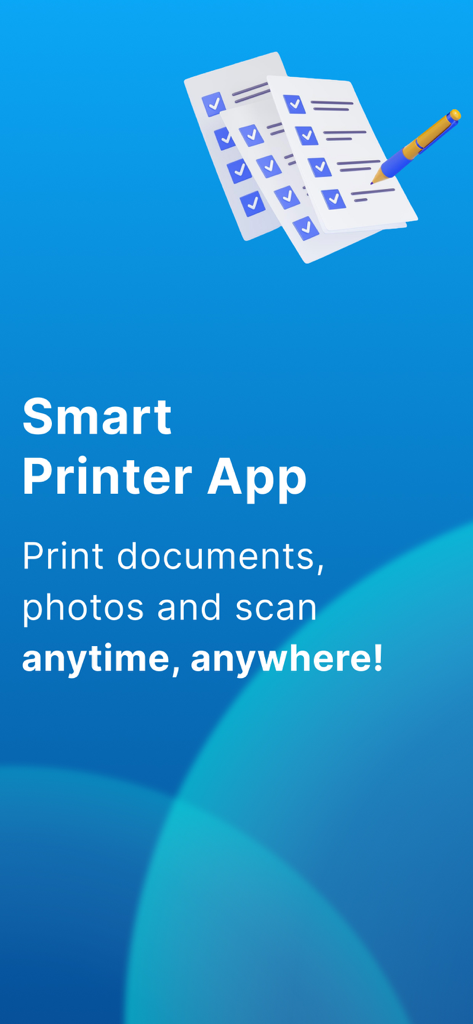 Smart Air Printer App - Scan - Pantalla promocional de Smart Printer App mostrando capacidades de escaneo e impresión móvil.