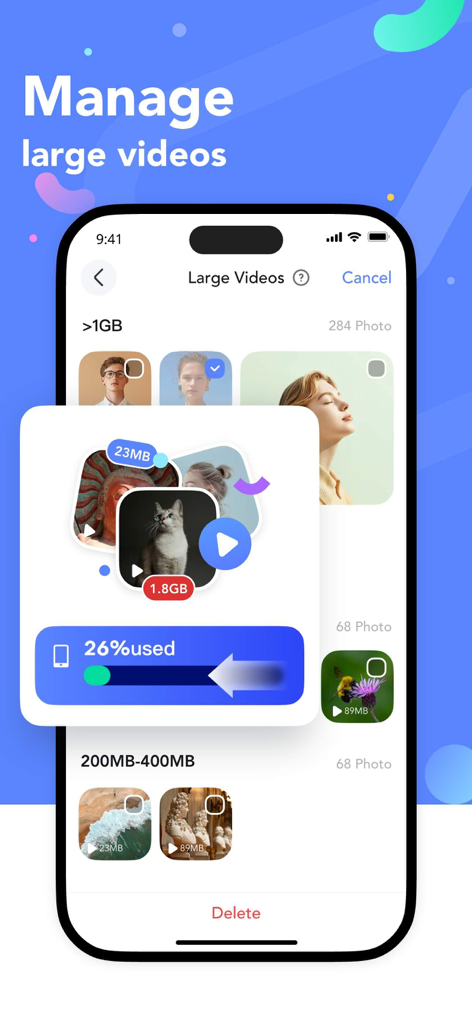 Écran montrant la fonctionnalité de gestion des vidéos volumineuses dans l'application Pure Master avec une barre de progression pour l'espace de stockage utilisé