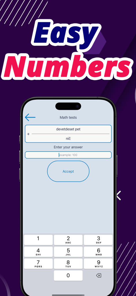Interfaz de la aplicación de aprendizaje de idiomas eslovenos que muestra una prueba de matemáticas para números.
