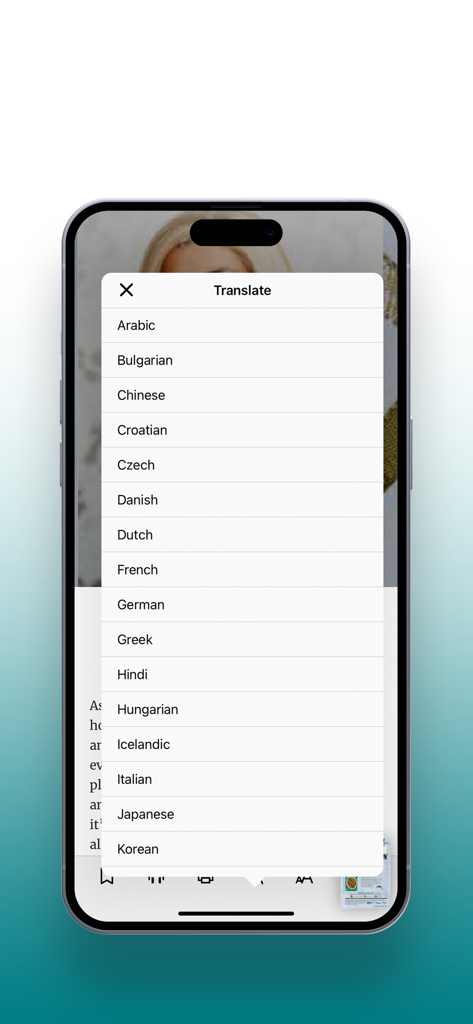 Diabetic Living Magazine - A mobile screen showing the language translation menu within the Diabetic Living Magazine app