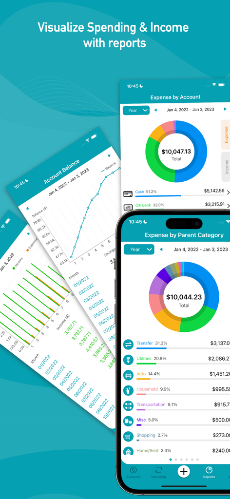 Quick Checkbook app interface displaying expense pie charts and account balance line graphs for budget tracking