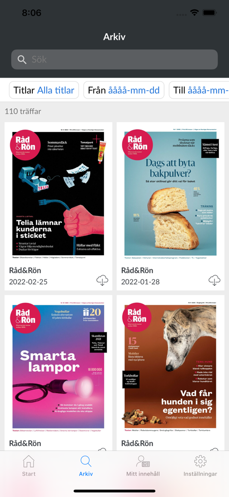Råd & Rön e-tidning - A digital archive view of the Rad and Ron app displaying several magazine covers with consumer product tests.