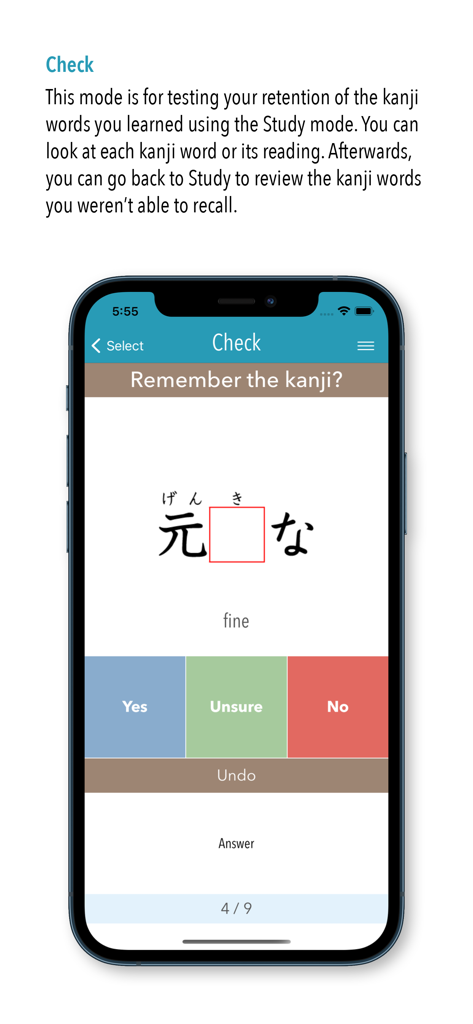 GENKI Kanji for 3rd Ed. - A mobile interface for practicing Japanese Kanji words using a self-assessment check mode with Yes, Unsure, and No options.